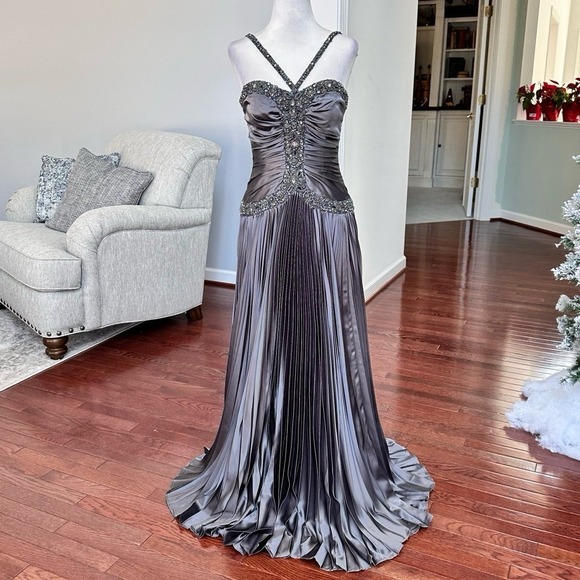 Atelier B Dresses & Skirts - Vintage 2000s Atehier Alyce Grey Pleated Embellished Luxury Gown Dress Size 2